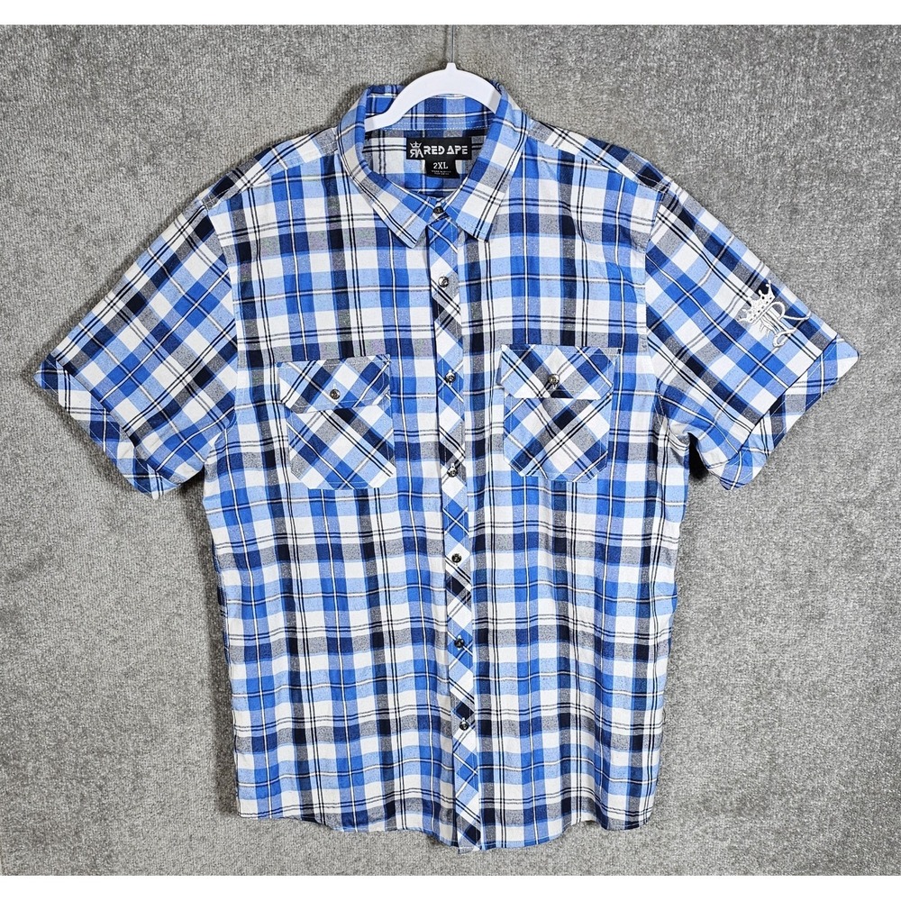 Red Ape Shirt Mens Size 2XL Blue Plaid Short Sleeve Button Up‎ Chest Pockets
